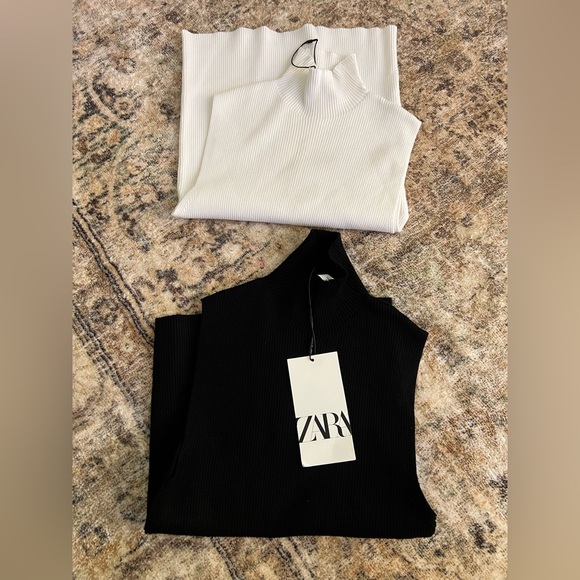 Zara Sleeveless Ribbed Knit Mock Neck Tops Black White Small Casual Fitted Chic - Picture 5 of 15